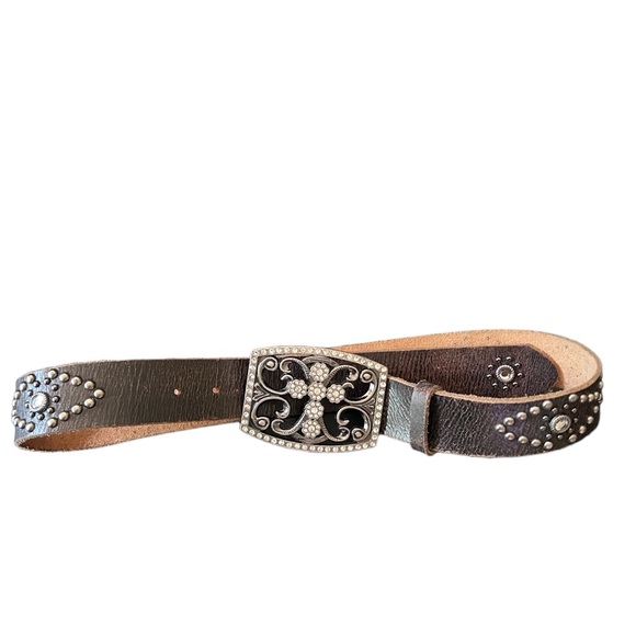 Vintage embellished leather rhinestone cross buckle belt - Picture 1 of 9